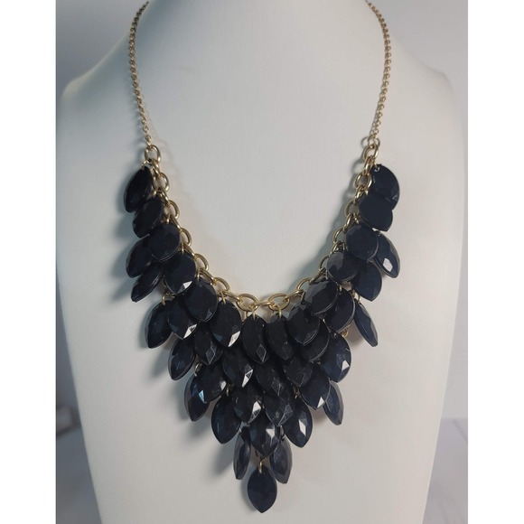 Jewelry - Black‎ Bib Statement Necklace Gold Tone Multi Strand Faceted Marquise Petal Drop